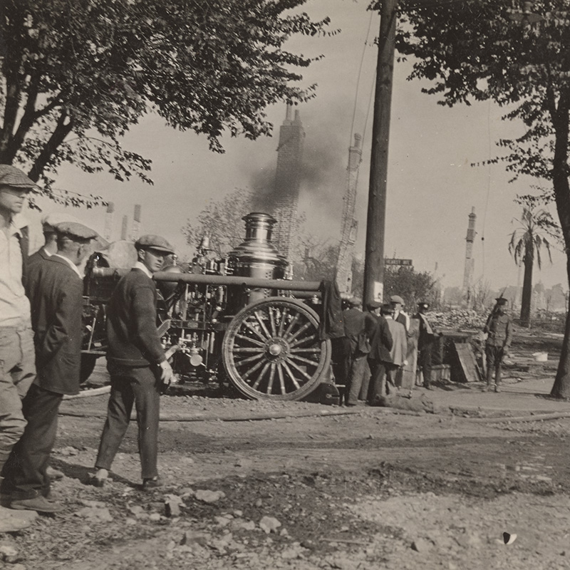 Images like this one, made during a cataclysmic fire in Berkeley in 1923, no longer require permission from the Library for researchers to use in their work. OAC info says: Putting out the last of the fire at Spruce and Berkeley Way.