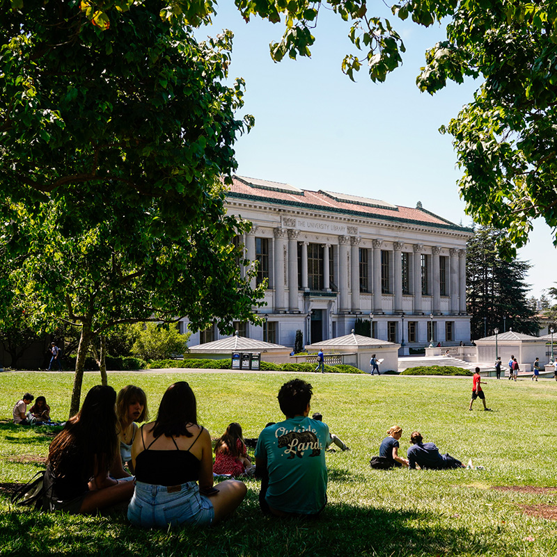 People relax on Memorial Glade with Doe Library in the background on a warm day during student orientation on Aug, 22, 2019.