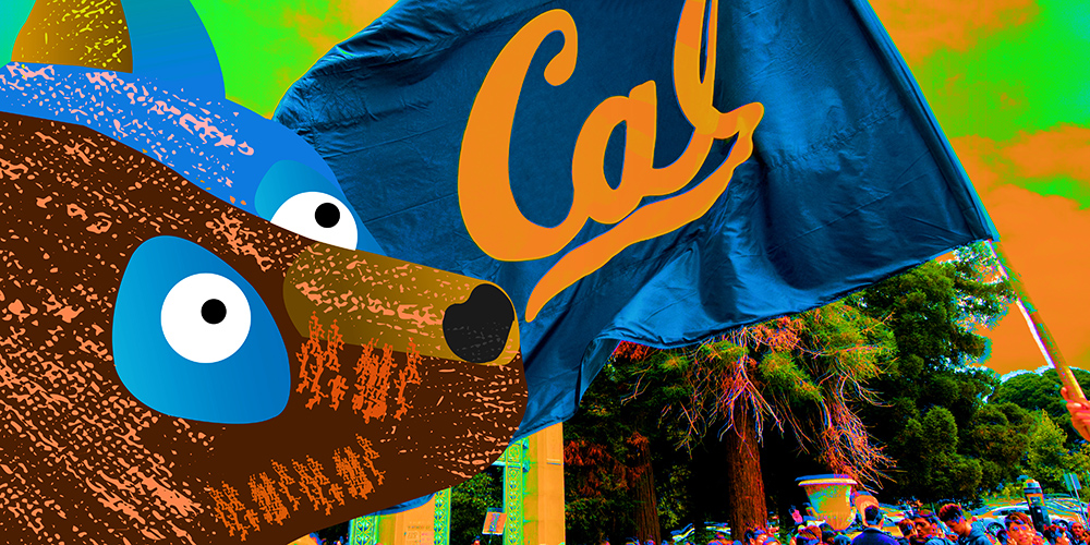 A graphic showing a bear in front of a Cal flag