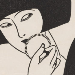 A woodcut image of a woman applying makeup