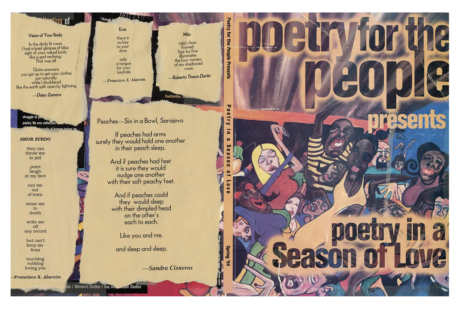 A large colorful poster featuring the cover of the Poetry for the People anthology Season of Love. On the left are fragments of poems and on the right is a group of dancers