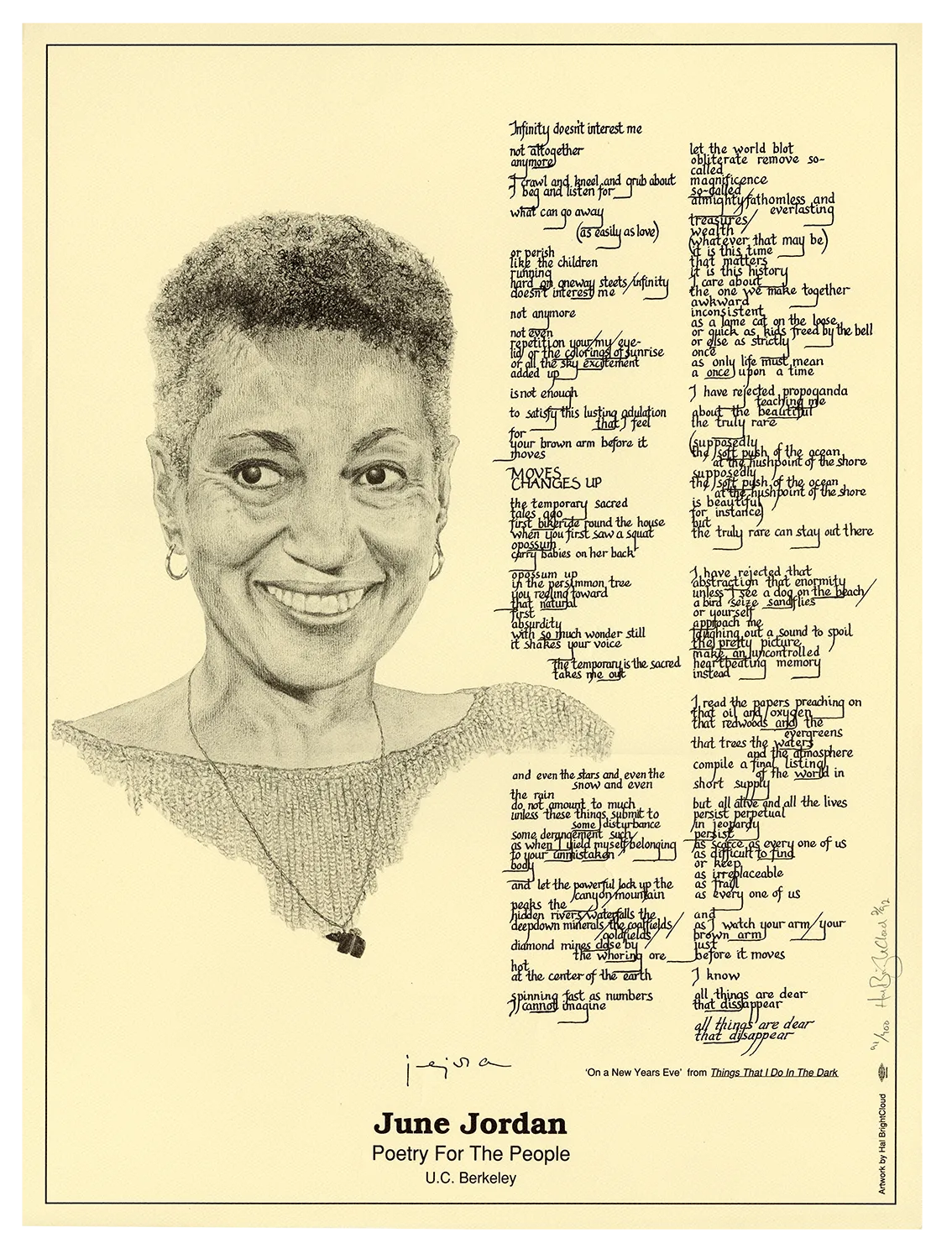 A large white poster with a pencil illustration of June Jordan smiling and handwritten text on the right.