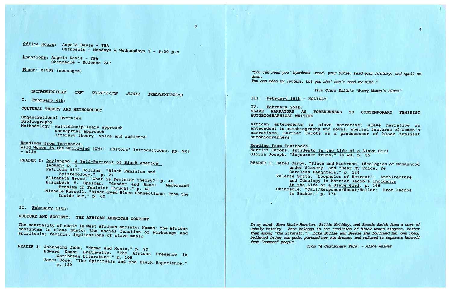 Blue paper with black typewritten text.