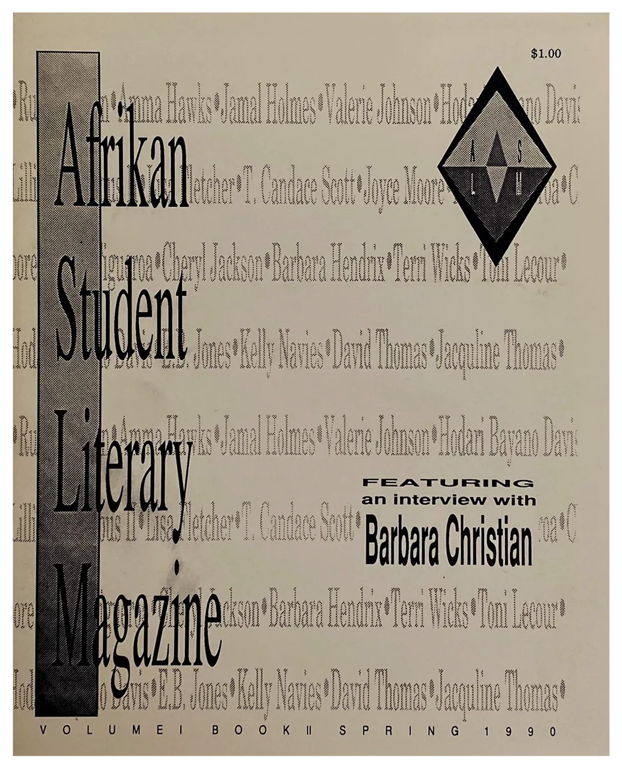 Black, gray, and white magazine cover with the Afrikan Student Literary Magazine logo on the top right corner.