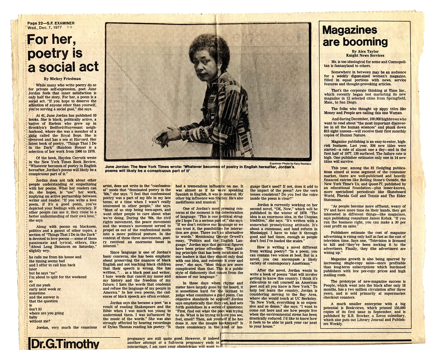 A newspaper article with an image of June Jordan in front of a chalkboard looking towards the camera.