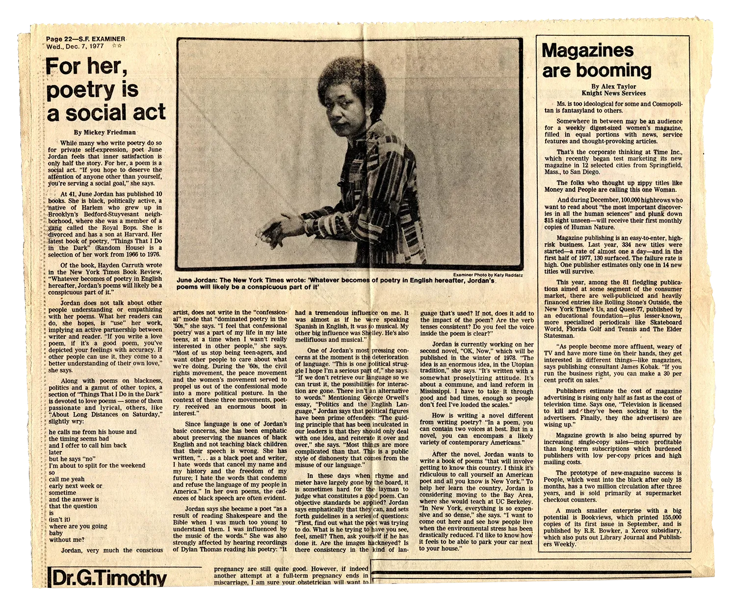 A newspaper article with an image of June Jordan in front of a chalkboard looking toward the camera.