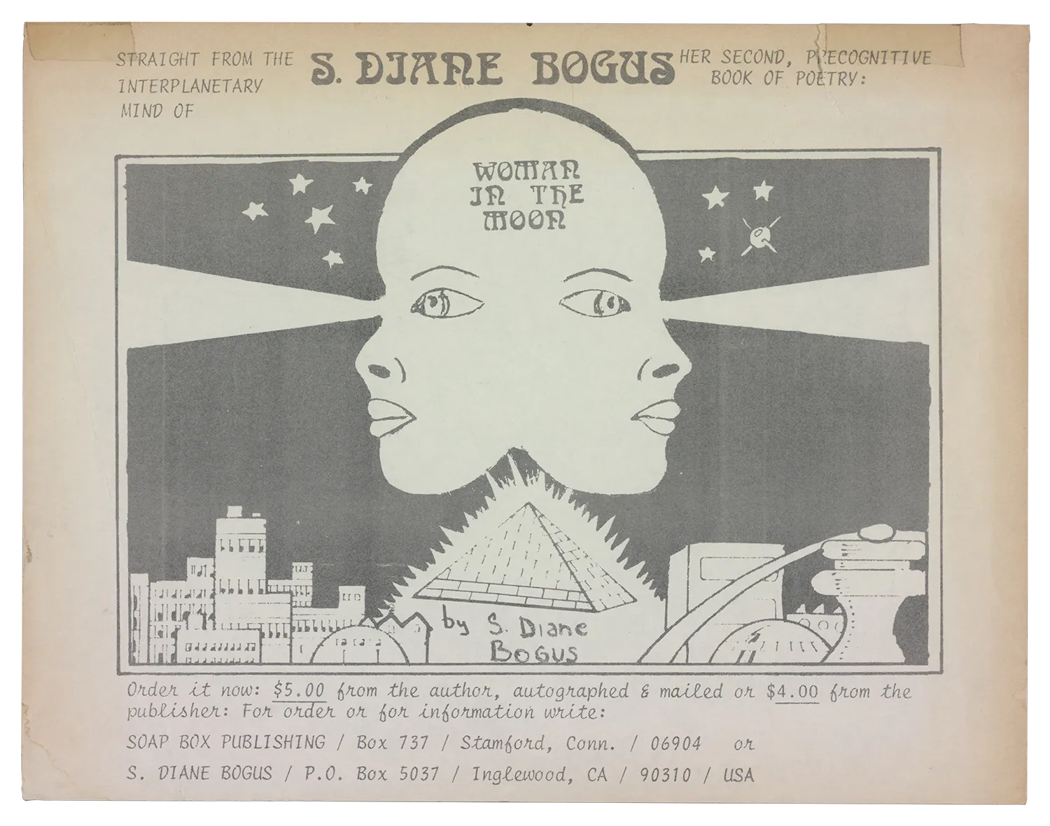 A black-and-white illustration on white paper. The illustration is of two faces looking away from each other in a mirror image with a beam of light from their forehead. Stars are overhead and a pyramid is underneath with a futuristic city landscape.