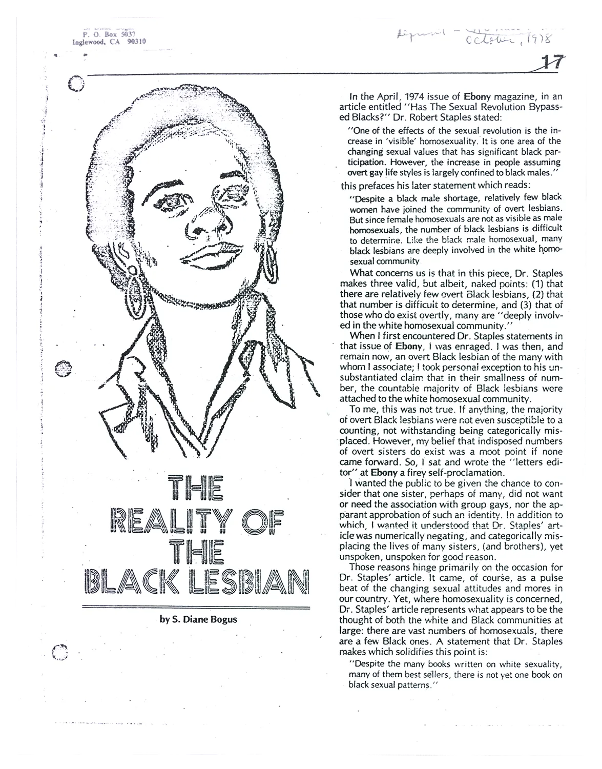 White paper with typewritten black text in two columns. In the left column is an illustration of SDiane Bogus smiling. Underneath the illustration is the title.