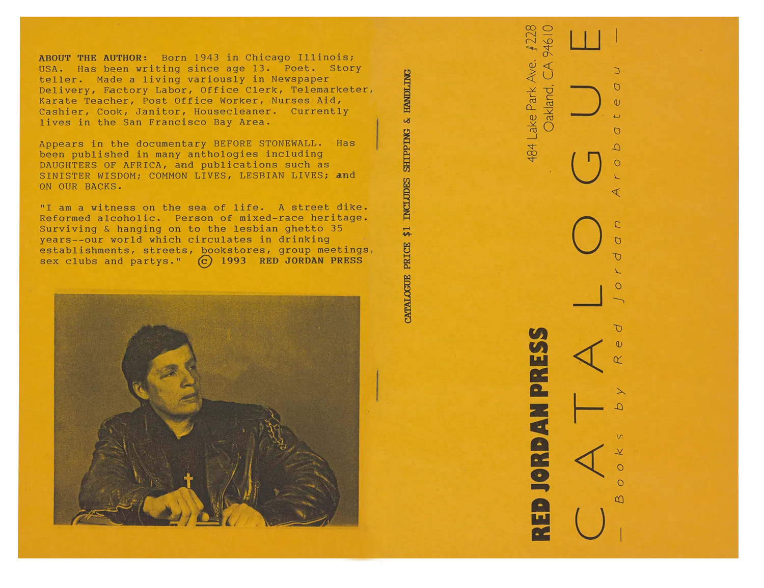 The front and back cover of a yellow catalog with black letters. Underneath the text is an image of Red Jordan Arobateau looking to the side wearing a black leather jacket and a cross.