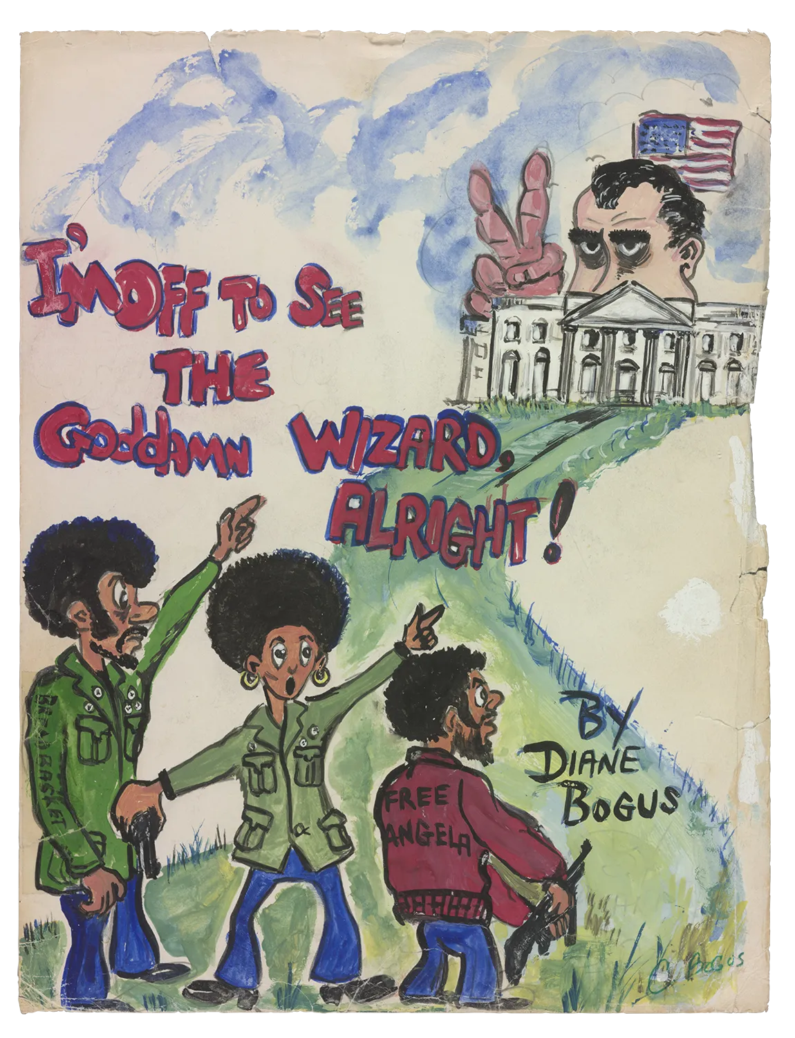 A hand-drawn color illustration by SDiane Bogus of three Black activists in the foreground. They are standing on a path and pointing towards the White House in the distance. The words “Free Angela” and “Bread Basket” are written on their jackets. Richard Nixon peers out from behind the White House and is holding up a peace sign. Behind him is an American flag.